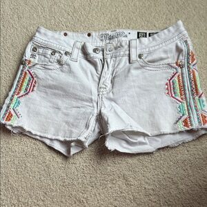 Miss Me White Denim Shorts with Colorful Embroidered Side Panels